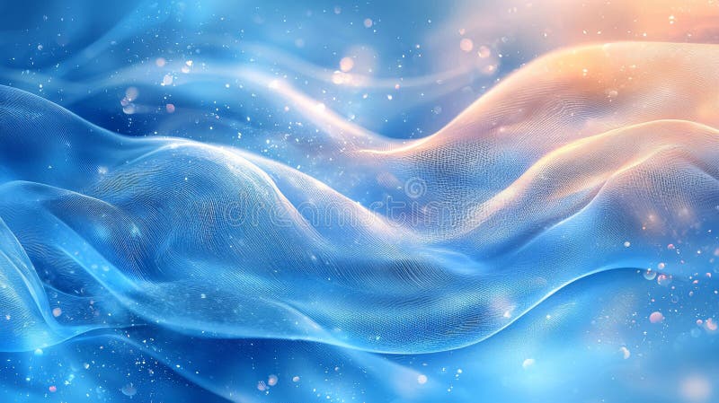 Abstract Blue and Peach Swirling Fabric Texture with Sparkling Lights Glowing Background stock illustration.