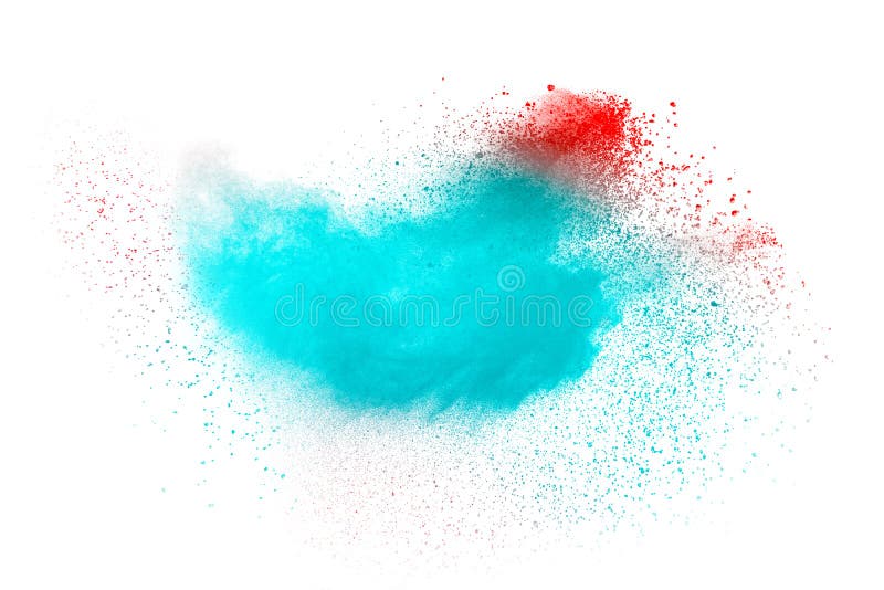 Abstract blue pink dust explosion on white background. Freeze motion of blue pink particles splashing.