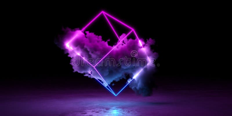 Abstract blue and pink neon glowing wireframe cube with smoke cloud and rough shiny floor royalty free illustration