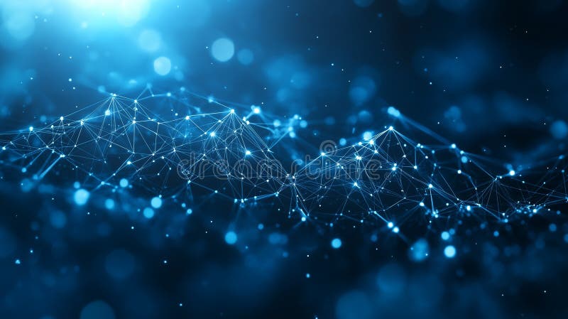 Abstract blue plexus network connecting points and lines forming a futuristic digital landscape stock illustration