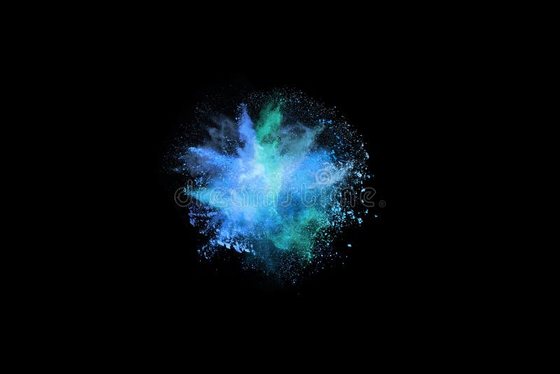 Blue color powder explosion on black background. stock photo Blue color powder explosion on black background. stock photo