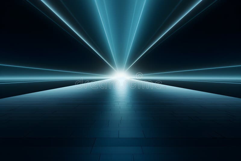 3D abstract blue rays light shining out of large open space background stock illustration