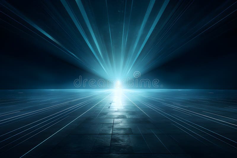 3D abstract blue rays light shining out of large open space background vector illustration