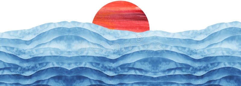 Abstract blue, red watercolor.The color splashing on the paper. Watercolor splash stain pink. Abstract blot, background. Watercolor field. Abstract suburban landscape,hill. sun, sunrise, dawn