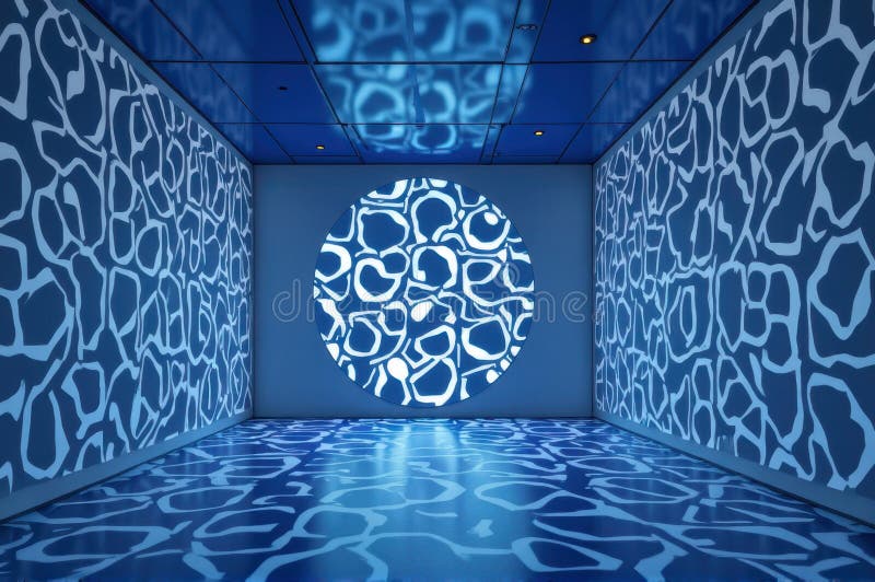 Abstract blue room with circular pattern and reflective floor stock illustration