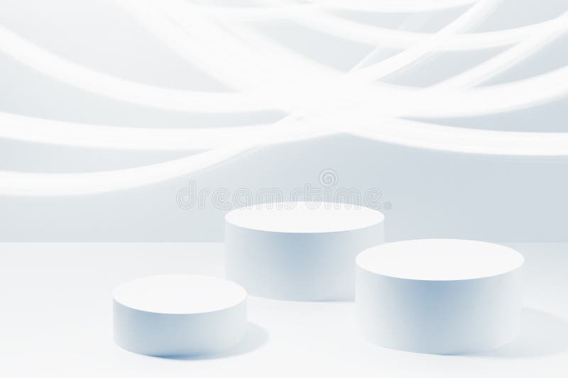 Abstract blue scene mockup - three round blue cylinder podiums smooth neon light stripes. stock illustration