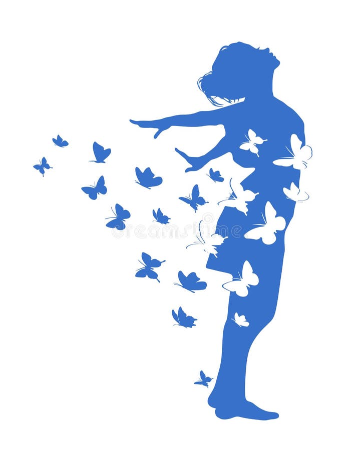 Abstract blue silhouette body of beautiful girl lady woman in dress with flying butterflies