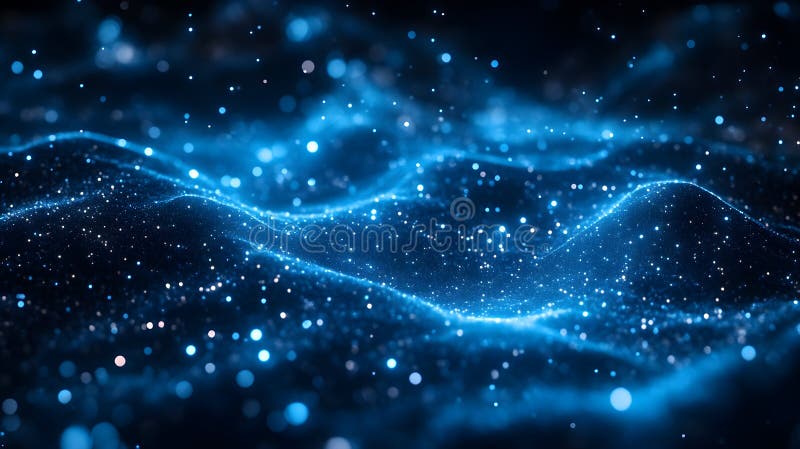 Abstract Blue Wavy Background with Glowing Particles. This abstract background features blue wavy lines adorned with glowing particles, creating a visually dynamic image ideal for digital art or technology presentations
