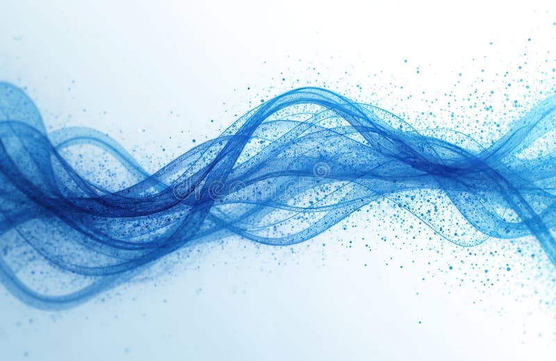 Abstract blue and white digital pixel wave design. Dynamic flowing lines create pattern on white backdrop. Modern tech art for