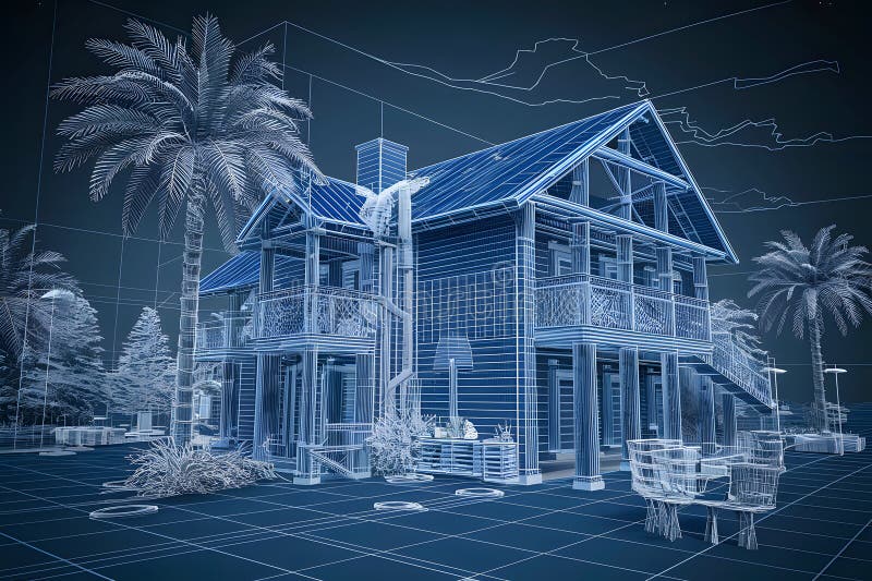 Abstract blueprint wireframe render, highlighting architectural planning stock illustration