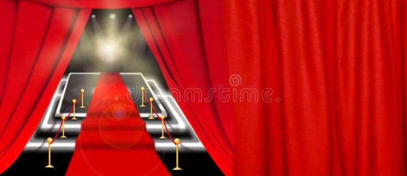 Abstract blurred image. Red carpet with stairs between two rope barriers and flash light. Scene illuminated by a spotlight. stock illustration