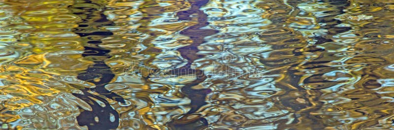 Abstract blurred reflection of autumnal yellow leaves in a pond