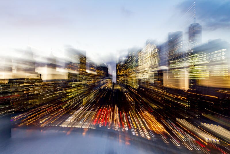 Abstract blurred skyline of New York City lights at dusk stock image