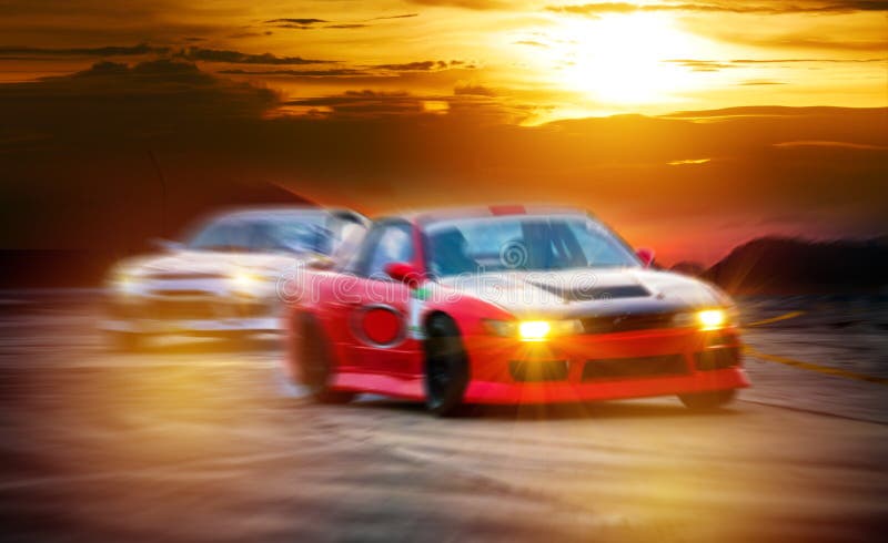 Abstract blurred two drifting cars battle on speed track, sport