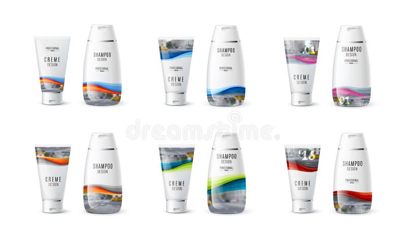 Abstract body care cosmetic brand concept. Cream, shampoo packaging. Realistic vector identity set template with soft