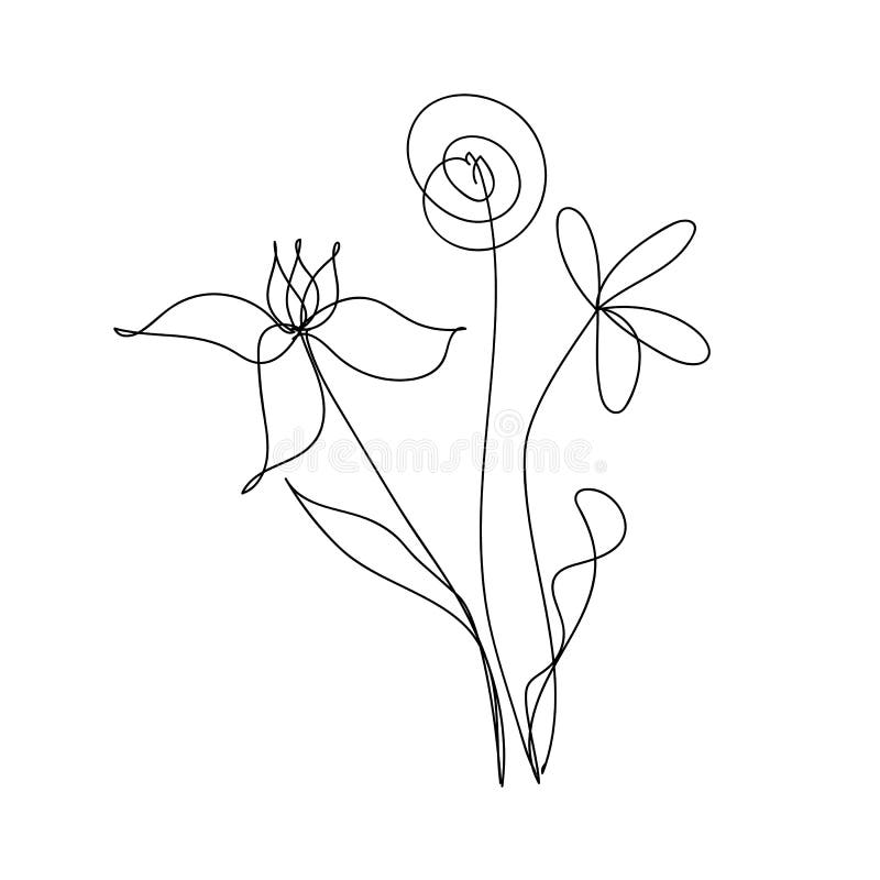 Flowers in Line Art Style. Hand Drawn Simple Botanical Bouquet. Vector ...