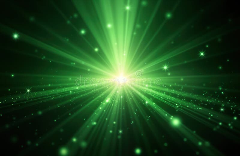 Abstract bright green light effect with sparkling rays. Radiating light beams create glowing pattern. Design for various uses. vector illustration