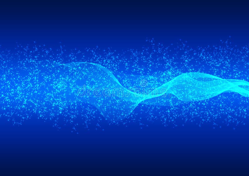 Abstract Bright Waves, Particles and Glitters in Blue Gradient Background