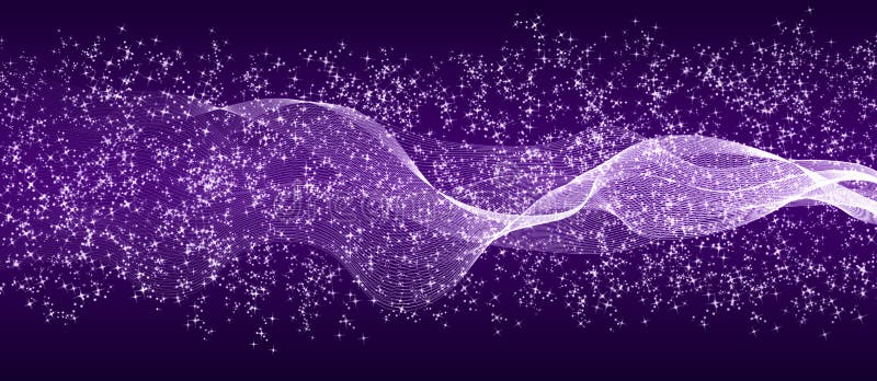 Abstract Bright Waves, Particles and Glitters in Dark Purple Banner Background