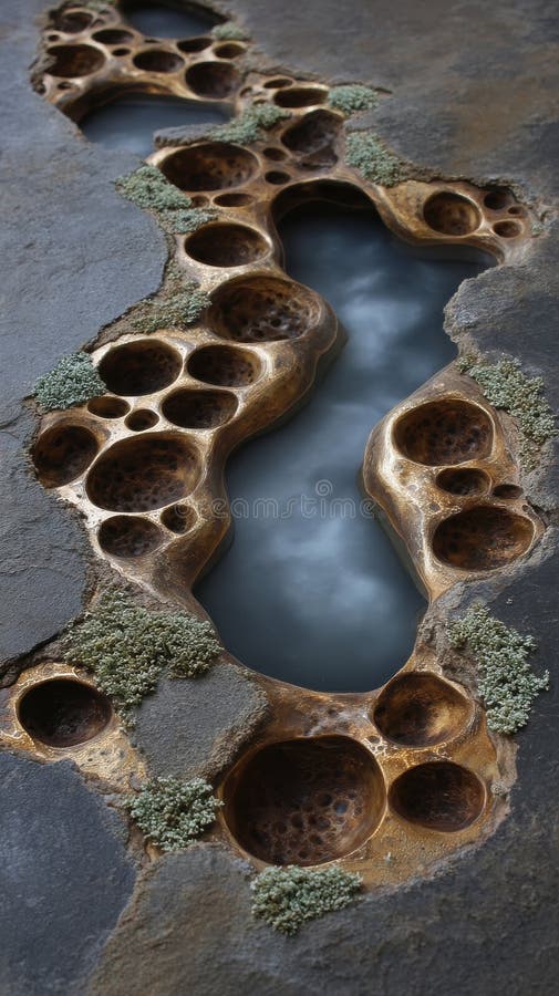 Abstract Bronz și formare de piatră cu mușchi de apă și stâncă netedă texturată royalty free stock images