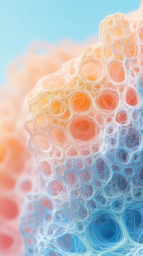 Abstract bubbly structure. Cellular formation in orange and blue. Connected hollow sphere surface. Intricate web of circles. Close stock images