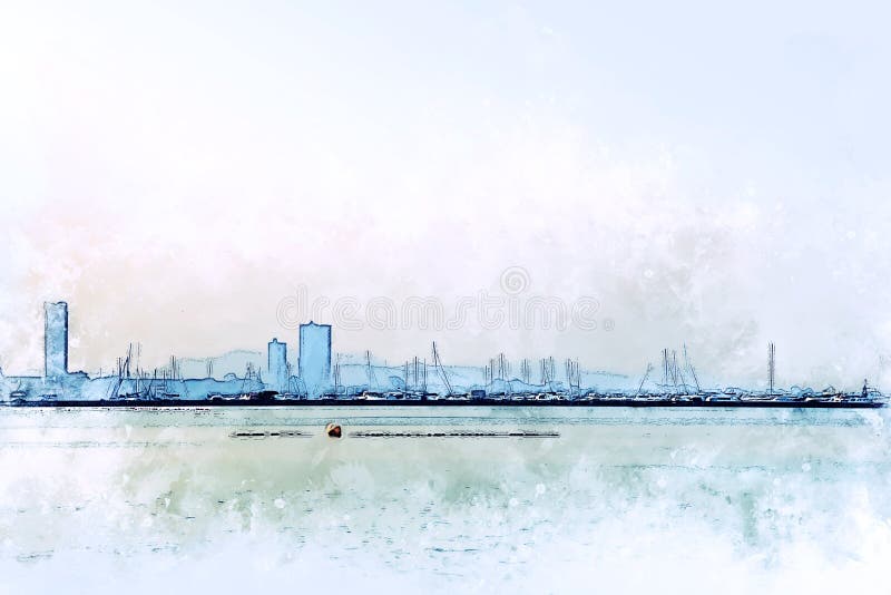 Abstract Building and sea foreground on watercolor painting background.