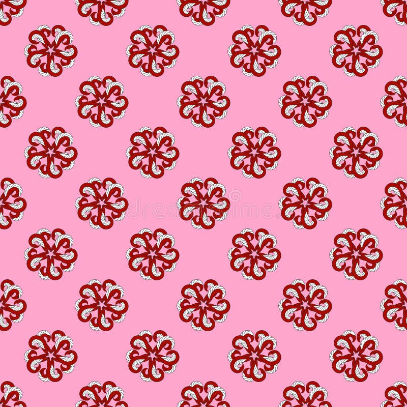 Abstract burgundy curls seamless pattern with white stripes, abstract flowers, pink background. Great for decorating fabrics, textiles, gift wrapping design, any printed materials and advertising.