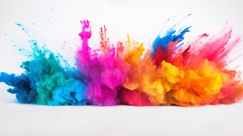 Rafală abstractă de vopsea multicolorată care se desprinde pe un fond alb care prezintă energie artistică. ai generativ stock photo