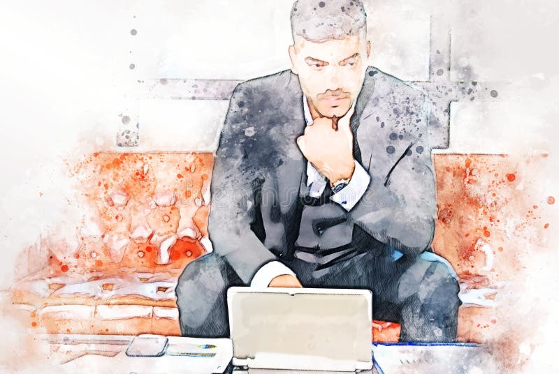 Business man working in the offices on watercolor illustration painting background.