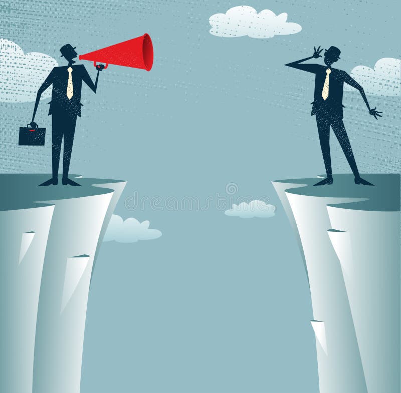 Great illustration of Retro styled Businessman standing on the cliffs shouting at the top of his voice through a loudspeaker megaphone to his colleague who is trying to hear him. Great illustration of Retro styled Businessman standing on the cliffs shouting at the top of his voice through a loudspeaker megaphone to his colleague who is trying to hear him.