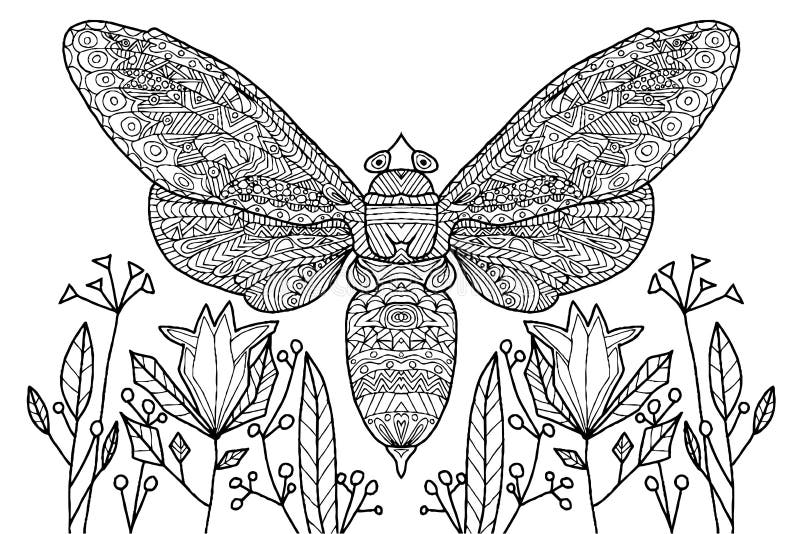 An abstract butterfly with hand drawn plants on a white background, coloring vector abstract coloring