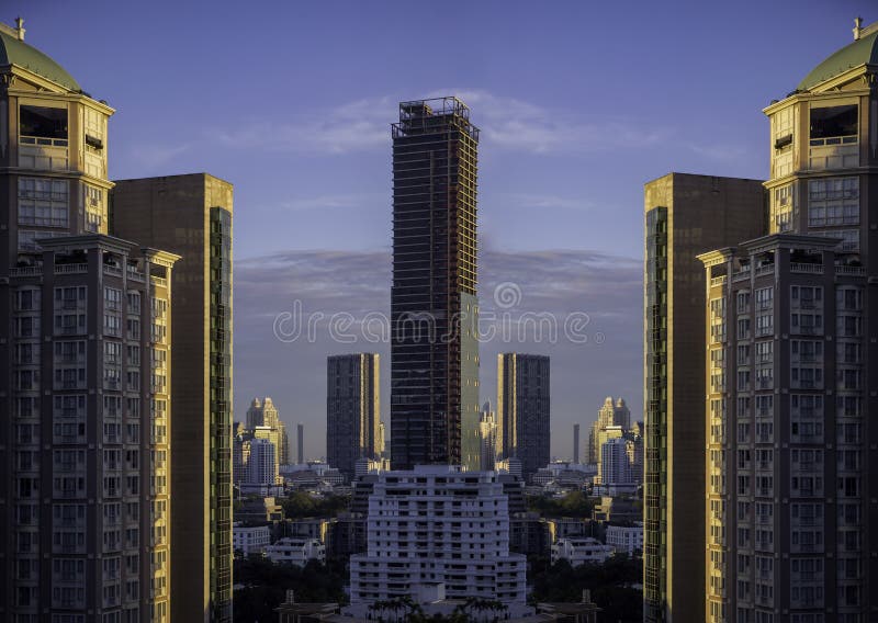 Abstract capital city estate building in morning view background. Cityscape skyline from top office window view. Blurred shine