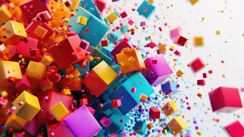 Abstract chaotic and energetic of mixed dust explode with square object. AIG53. stock illustration