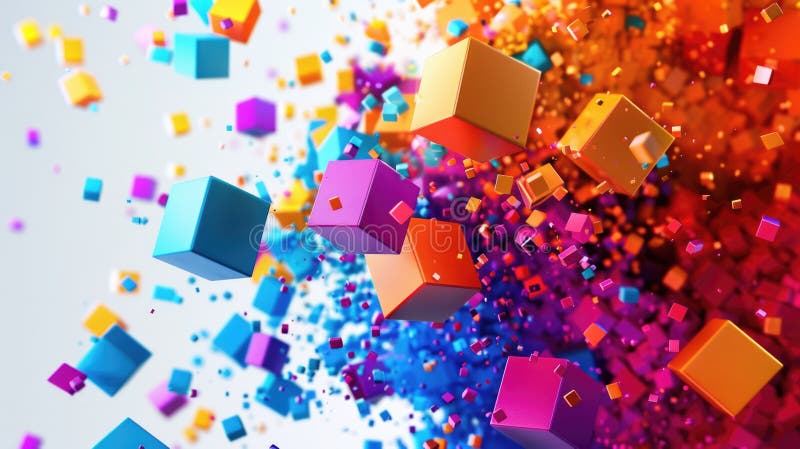 Abstract chaotic and energetic of mixed dust explode with square object. AIG53. stock illustration