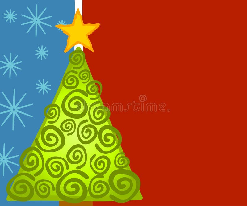 Abstract Christmas Tree Card. An abstract clip art illustration of a Christmas tree with spirals, star, blue snowflakes and red background stock illustration