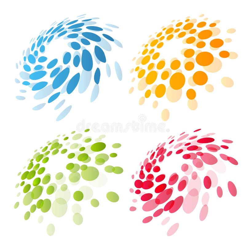 Abstract circle logotype set. Green, blue, orange, red dotted round isolated chem logo collection. Virus icon. Unusual