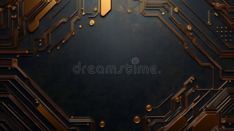 An abstract circuit board design featuring intricate patterns and a blend of dark and metallic shades, ideal for modern technology royalty free illustration