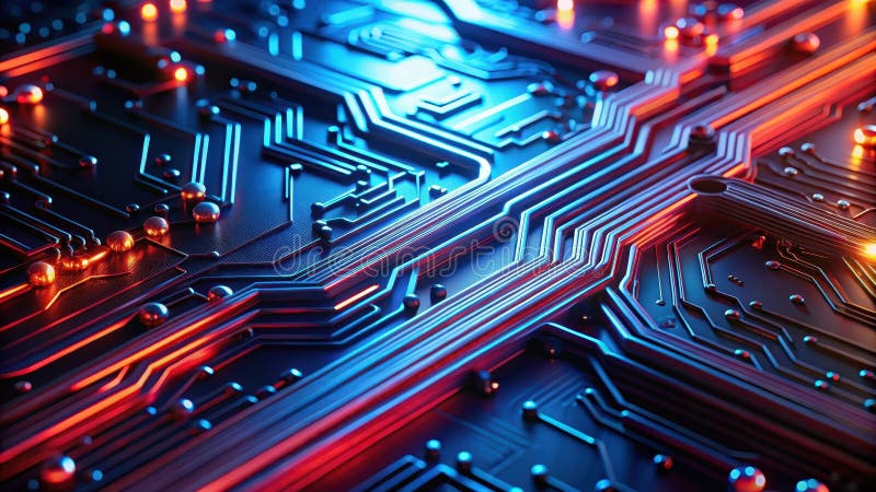 Abstract circuit board illuminated pathways of digital technology featuring intricate wiring and glowing connectors. Generative AI vector illustration