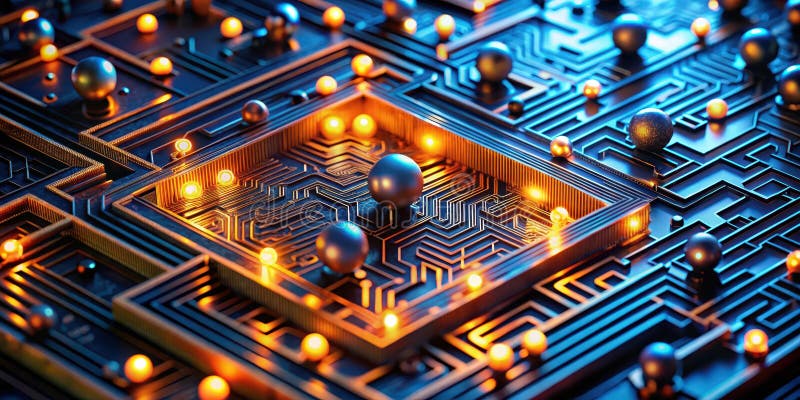 Abstract circuitry with illuminated pathways and metallic spheres representing data flow and technological advancement. Generative stock illustration