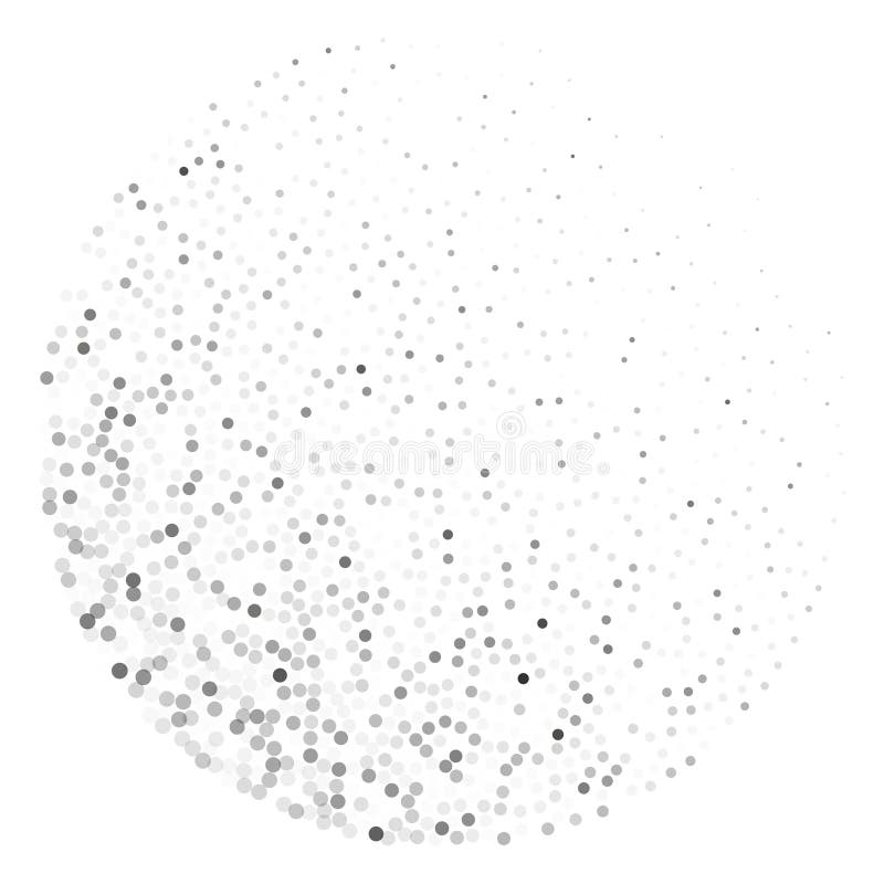 Abstract circular halftone dot pattern in grayscale forming radial dispersion on white background for modern minimalist stock illustration
