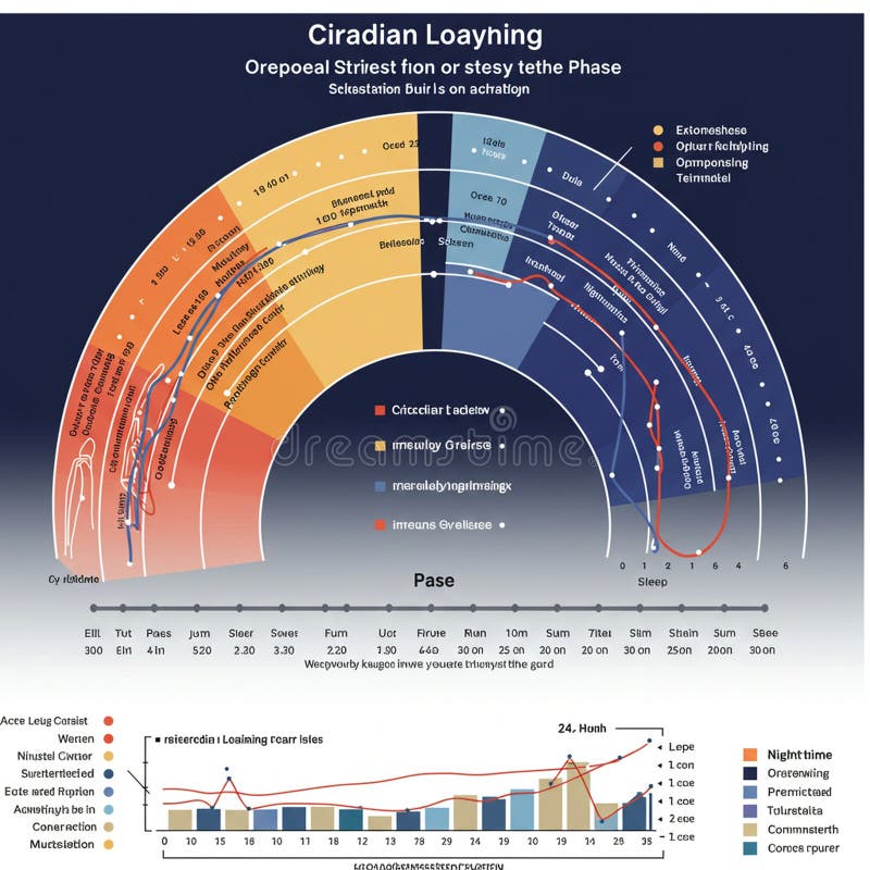 Abstract circular infographic with colorful segments and curves. Features nonsensical stock illustration