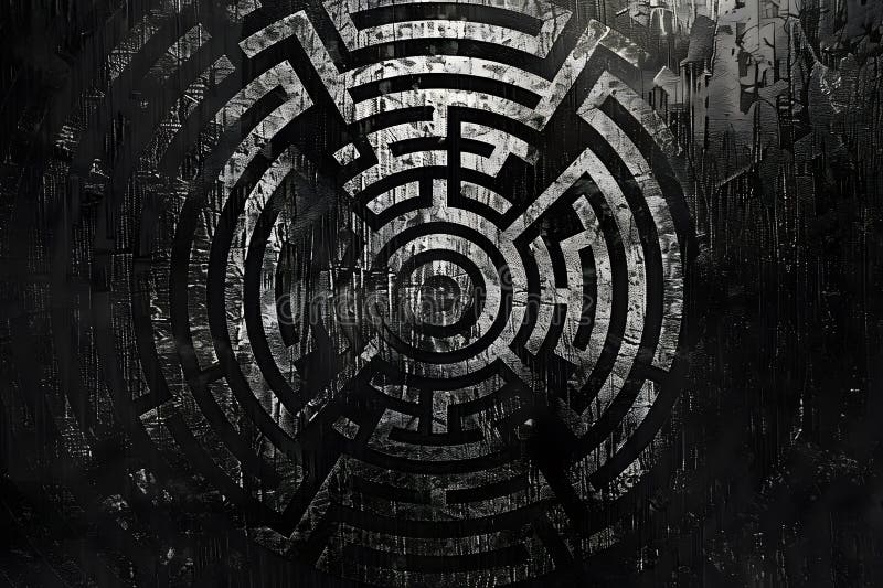 Abstract Circular Maze Design, Exploring Intricate Pathways and Geometric Patterns in Black and White, Revealing a royalty free illustration