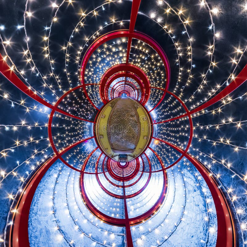 Abstract Circular Orb in Festively Lit Underground Passage Tunnel with