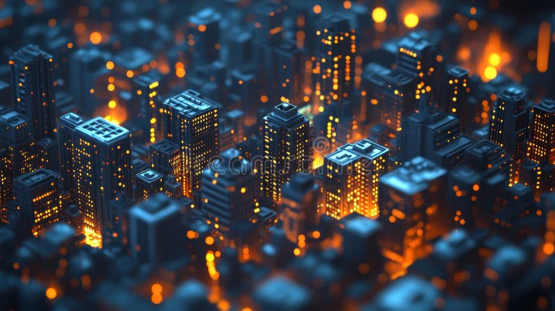 Abstract Cityscape Night Lights Ljusar en miniatyr Metropolis som uppväcker en känsla av framtida teknik arkivbilder