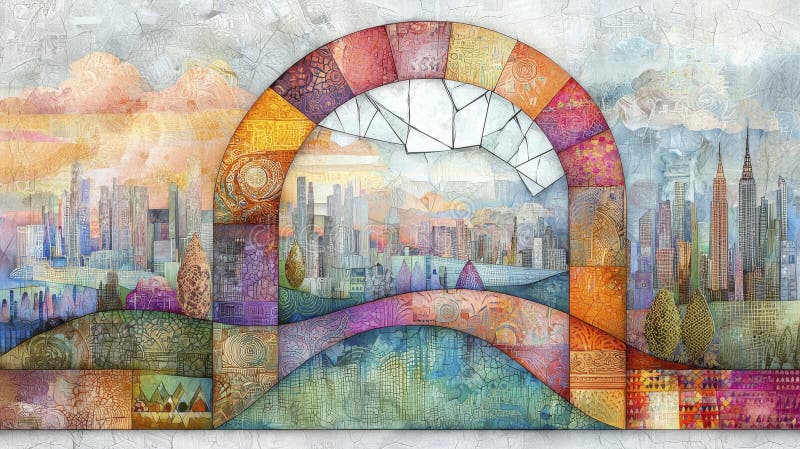 Abstract Cityscape Sunrise with Clock Arch Warm Color Palette and Layered Textures stock illustration