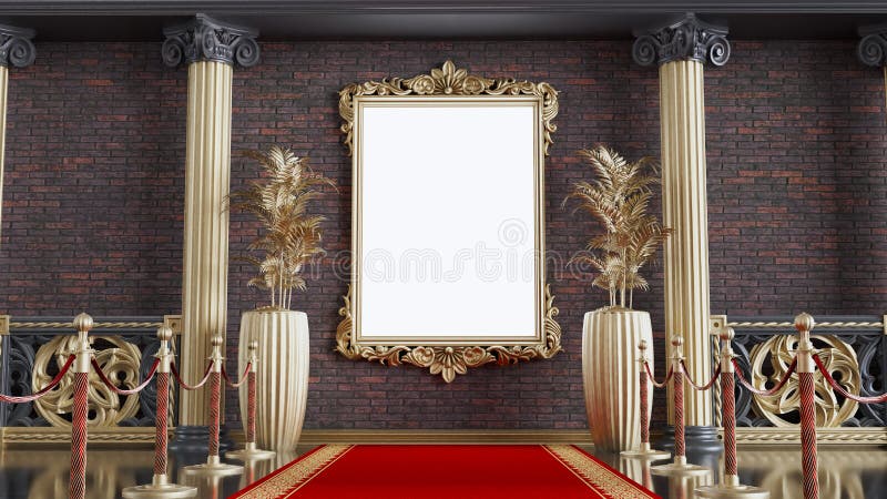 Abstract classical background with golden frame for product display, golden blanc frame with red carpet and barriers