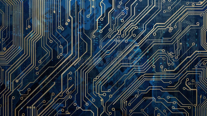 Abstract close-up of a circuit board design with intricate patterns and lines in blue and gold tones, symbolizing technology vector illustration