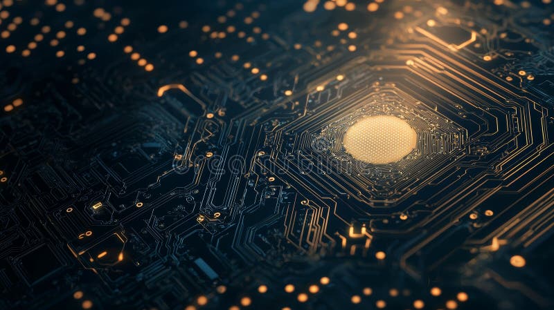 Abstract close-up of a circuit board with glowing central component royalty free illustration