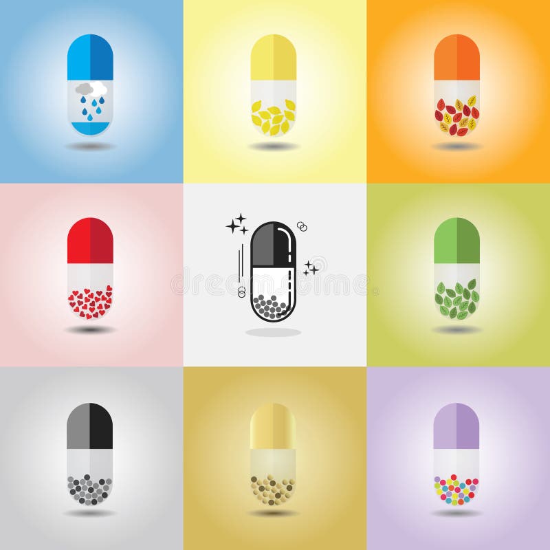 Abstract close up of colorful and conceptual vertical single capsules set royalty free illustration
