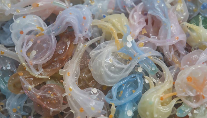 Abstract close up of colorful translucent jelly like objects. vibrant tangled composition of glossy jelly objects. royalty free illustration